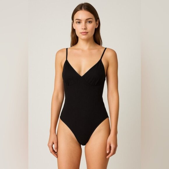 American Apparel Black Ribbed Bodysuit Women’s Size L - Picture 1 of 6